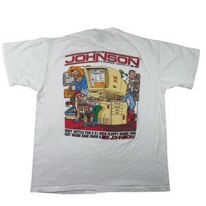 VTG Big Johnson Hard Drives Mens Large White Short Sleeve Single Stitch T Shirt